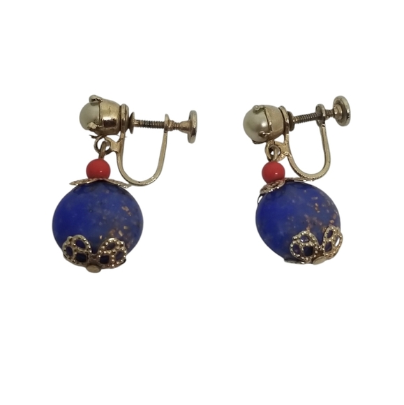 BARCLAY VINTAGE 1950s FAUX LAPIS LAZULI & PEARL DROP SCREW BACK STYLE EARRINGS - Picture 4 of 6
